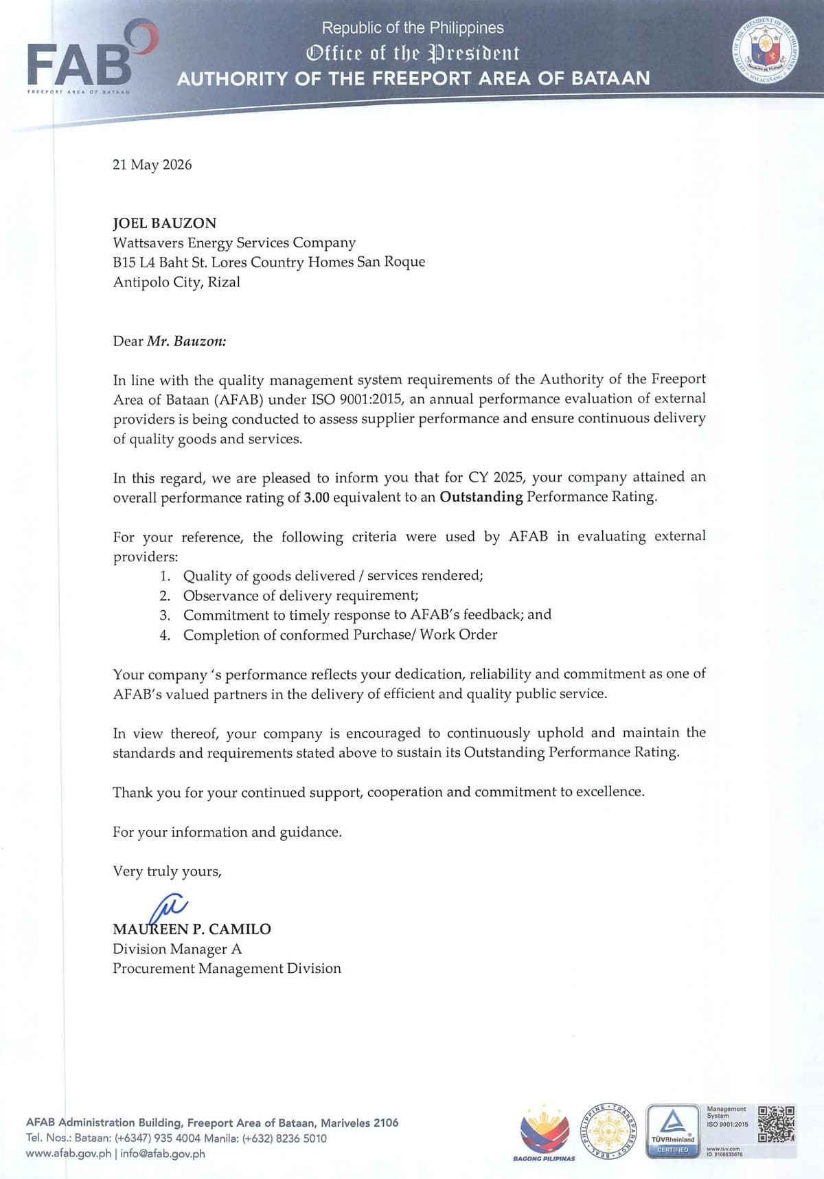 AFAB letter dated May 21, 2026, informing Wattsavers Energy Services Company of an overall CY 2025 performance rating of 3.00, equivalent to Outstanding.