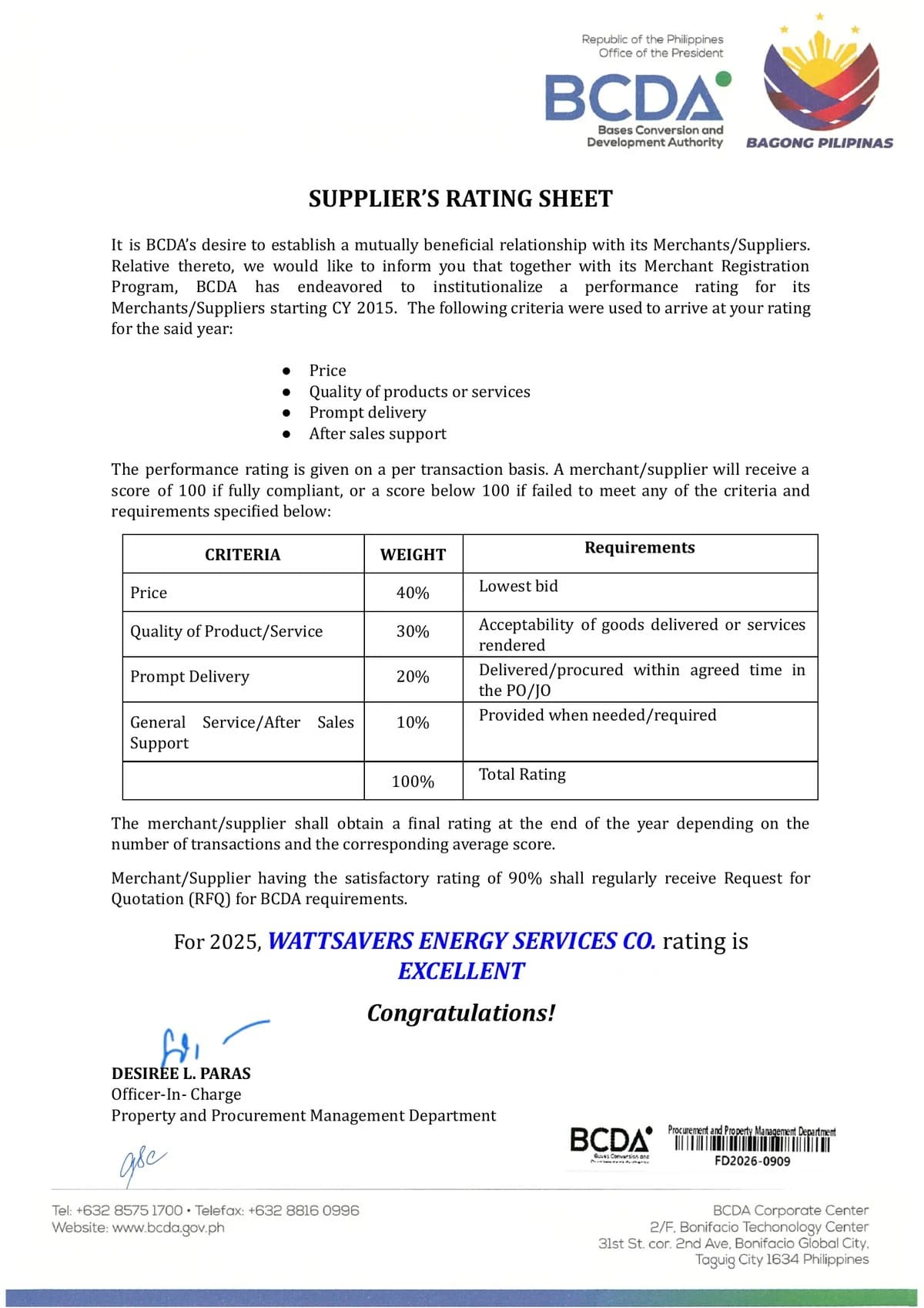 BCDA Supplier's Rating Sheet showing the weighted criteria and a 2025 rating of Excellent for Wattsavers Energy Services Co.