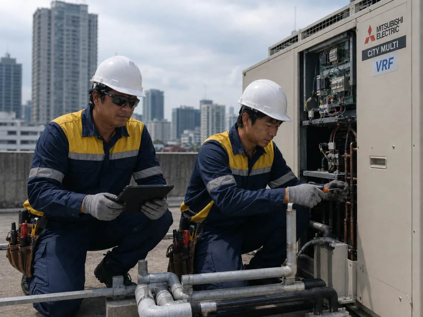 Technicians servicing a Mitsubishi CITY MULTI VRF air-conditioning unit on a city rooftop